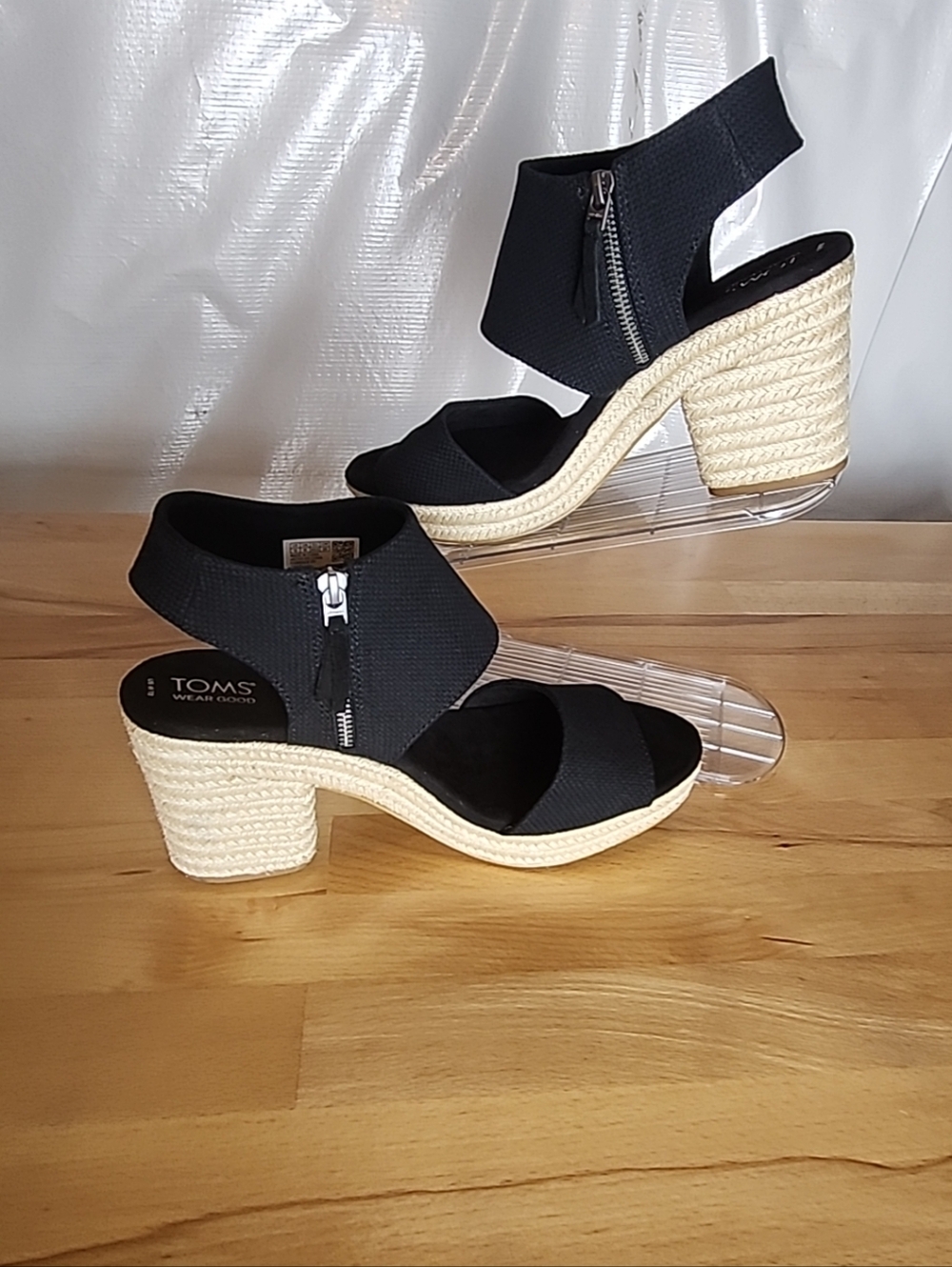 TOMS Majorca Rope Platform Espadrille Sandals 12 Black Block Heel Resort Chic